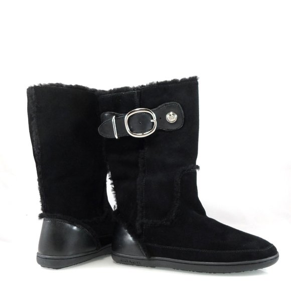 NIB COACH Mishka Buckle Logo Button Suede/Shearling Mid Shaft Flat Boots 7.5 - Picture 1 of 12